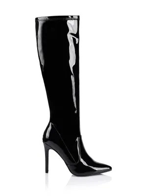 Savannah Knee High Boots - Black Patent Stretch