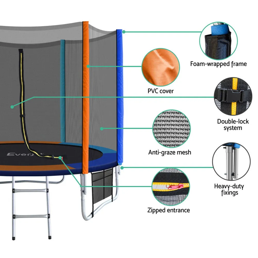 8FT Trampoline Round Trampolines Kids Safety Net Enclosure Pad Outdoor Gift Multi-coloured