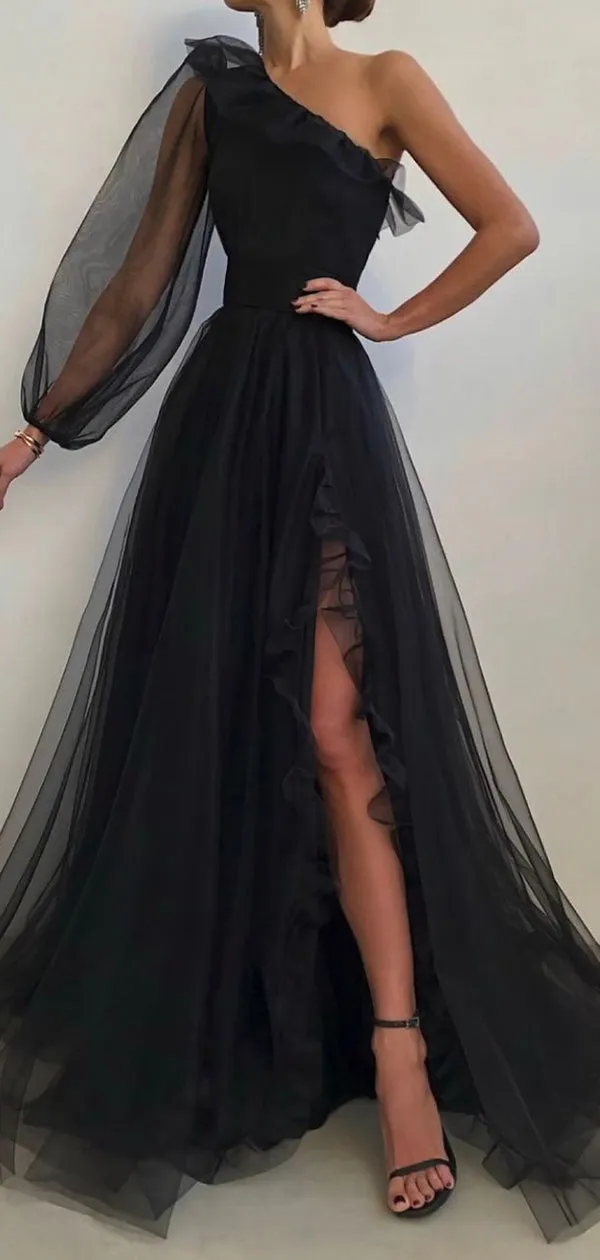 A-line Black One Shoulder Elegant Long Formal Prom Dresses