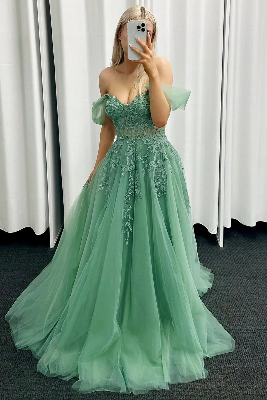 A-Line Tulle Lace Long Prom Dress, Green Off the Shoulder Formal Evening Dresses