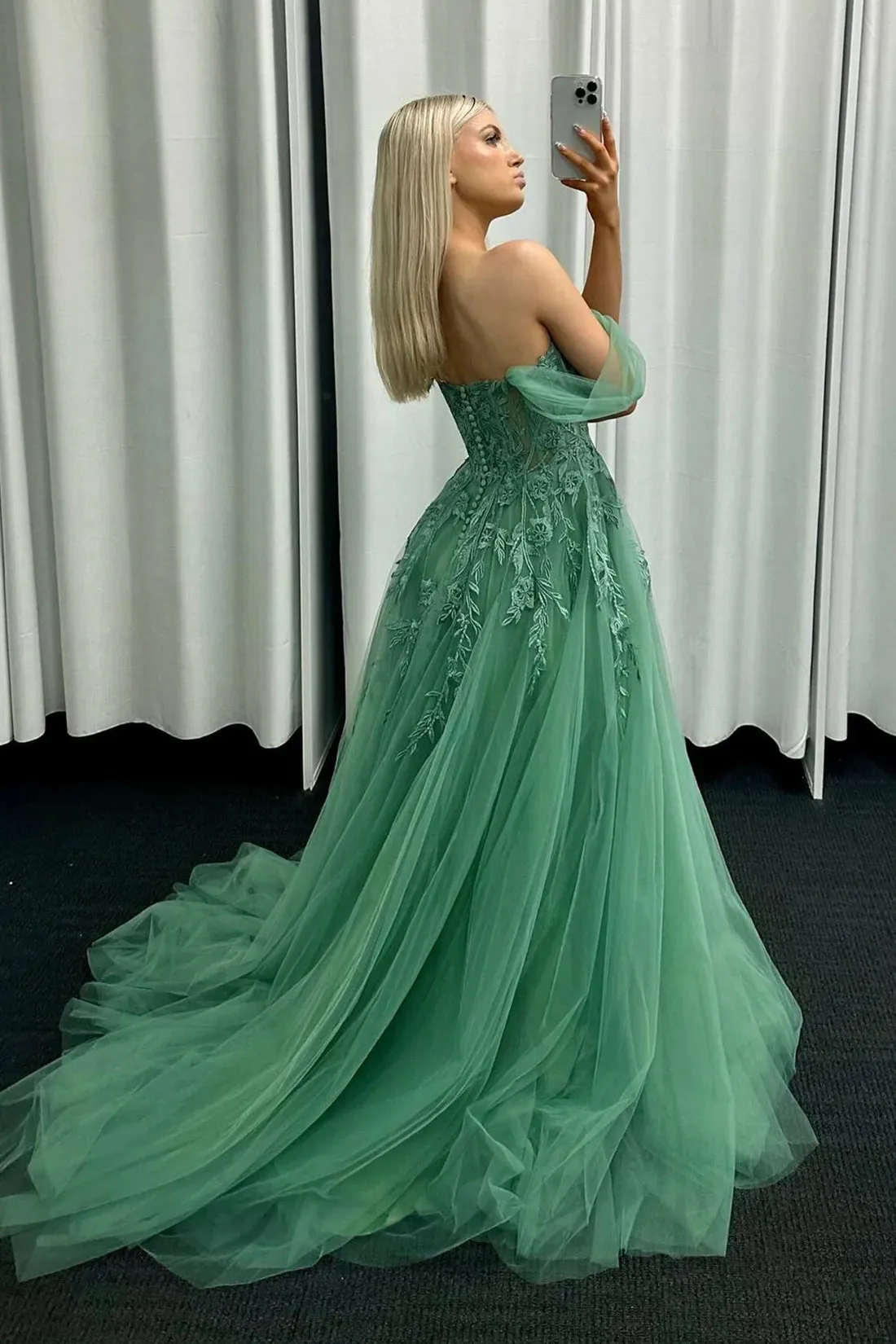 A-Line Tulle Lace Long Prom Dress, Green Off the Shoulder Formal Evening Dresses