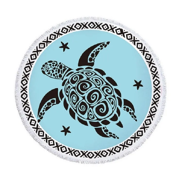 Animal Pattern Round Superfine Fiber Beach Towel with Tassel, Size:150 x 150cm(Blue Turtle)