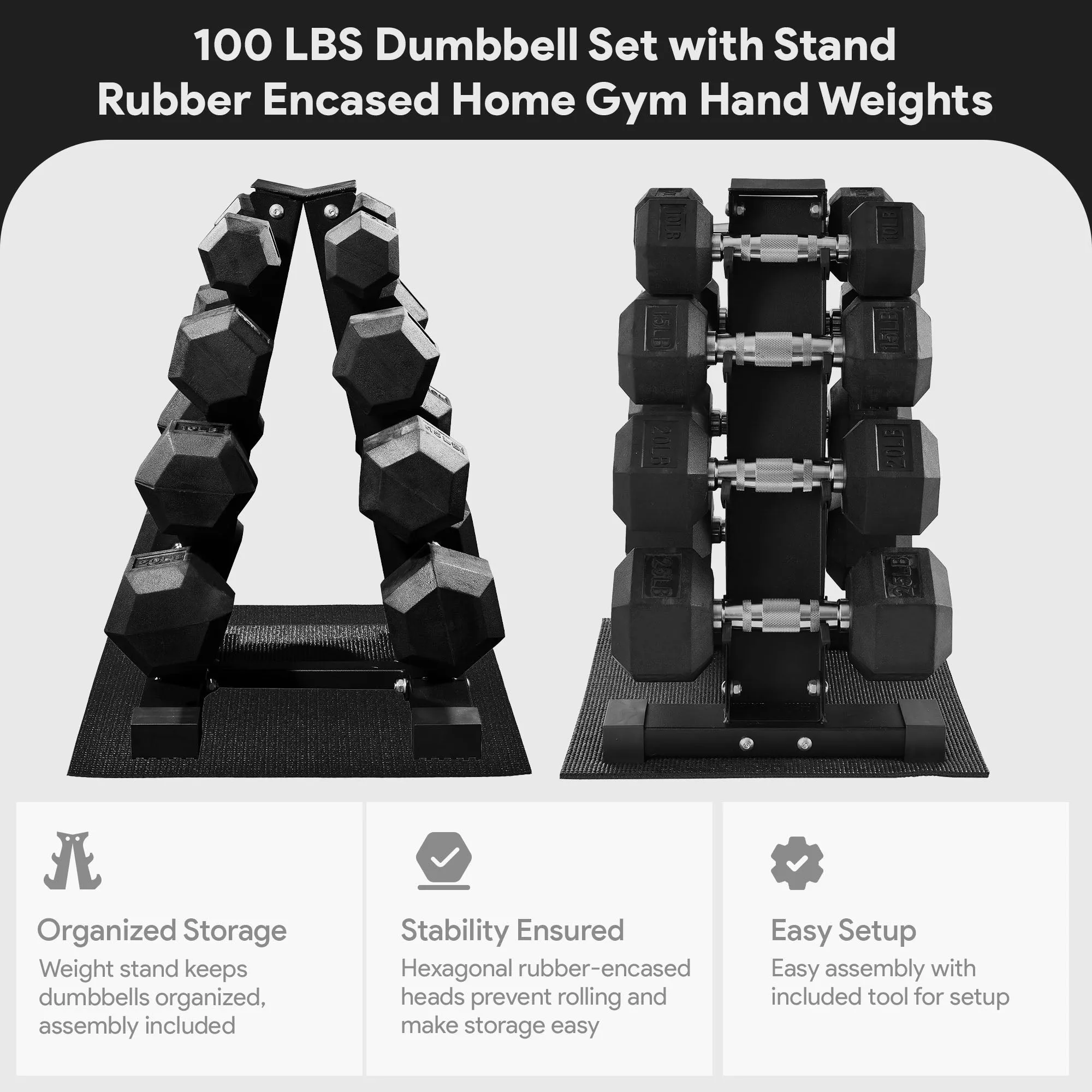 BalanceFrom Dumbbell Set with Stand, Rubber Encased Home Gym Hand Weights, 100lb