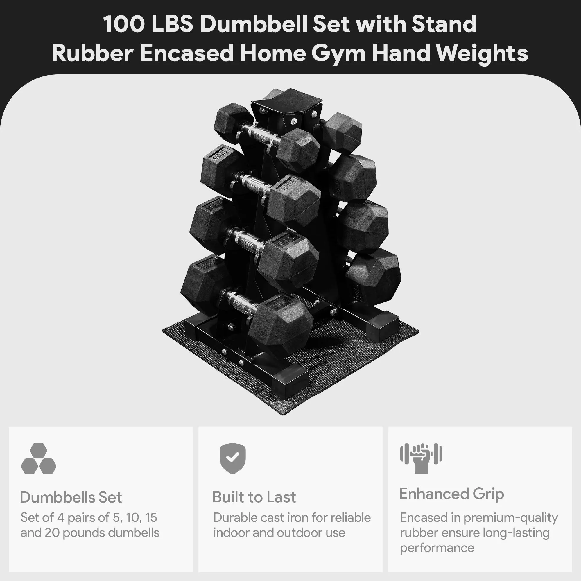 BalanceFrom Dumbbell Set with Stand, Rubber Encased Home Gym Hand Weights, 100lb