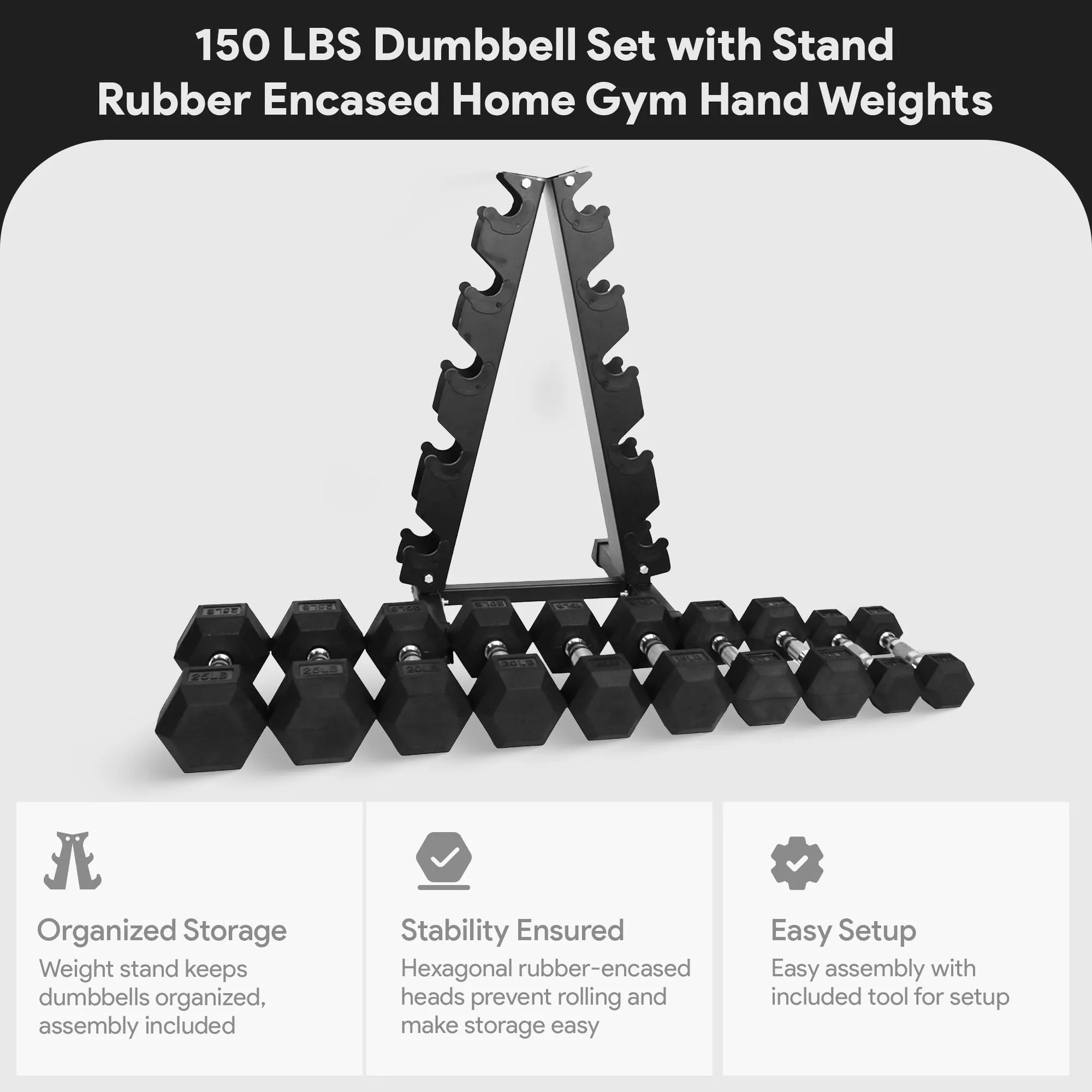 BalanceFrom Dumbbell Set with Stand, Rubber Encased Home Gym Hand Weights, 150lb