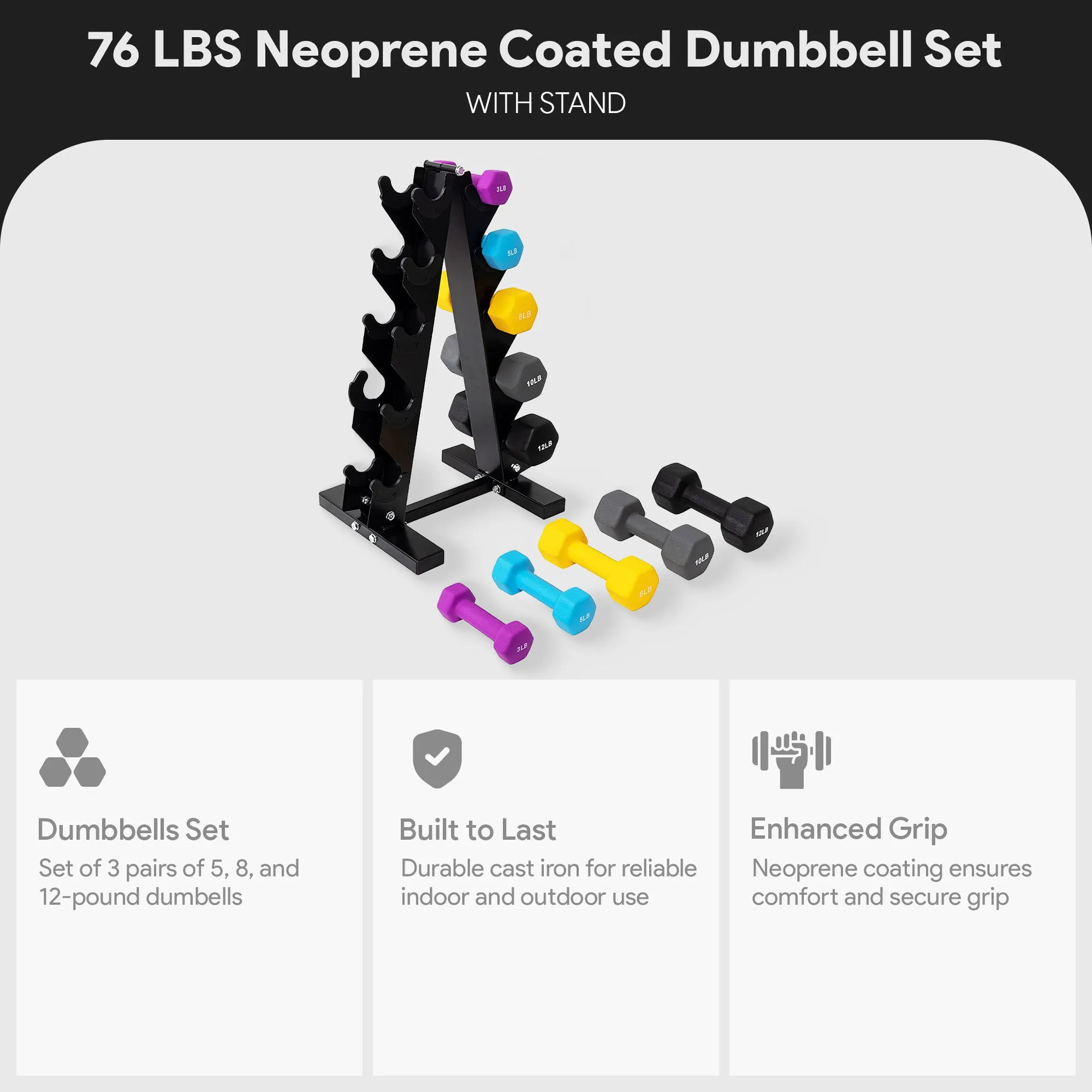 BalanceFrom Fitness 3, 5, 8, 10 & 12 Pound Neoprene Dumbbell Weight Set w/ Stand