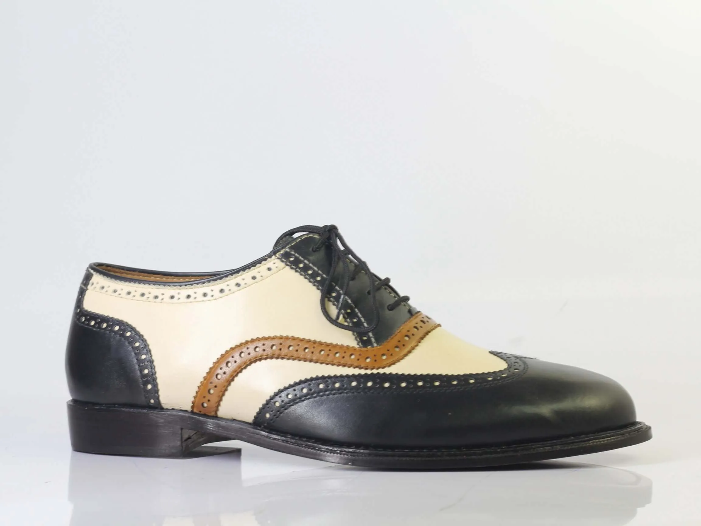 Bespoke Beige Black Wing Tip Lace Up Shoe for Men's