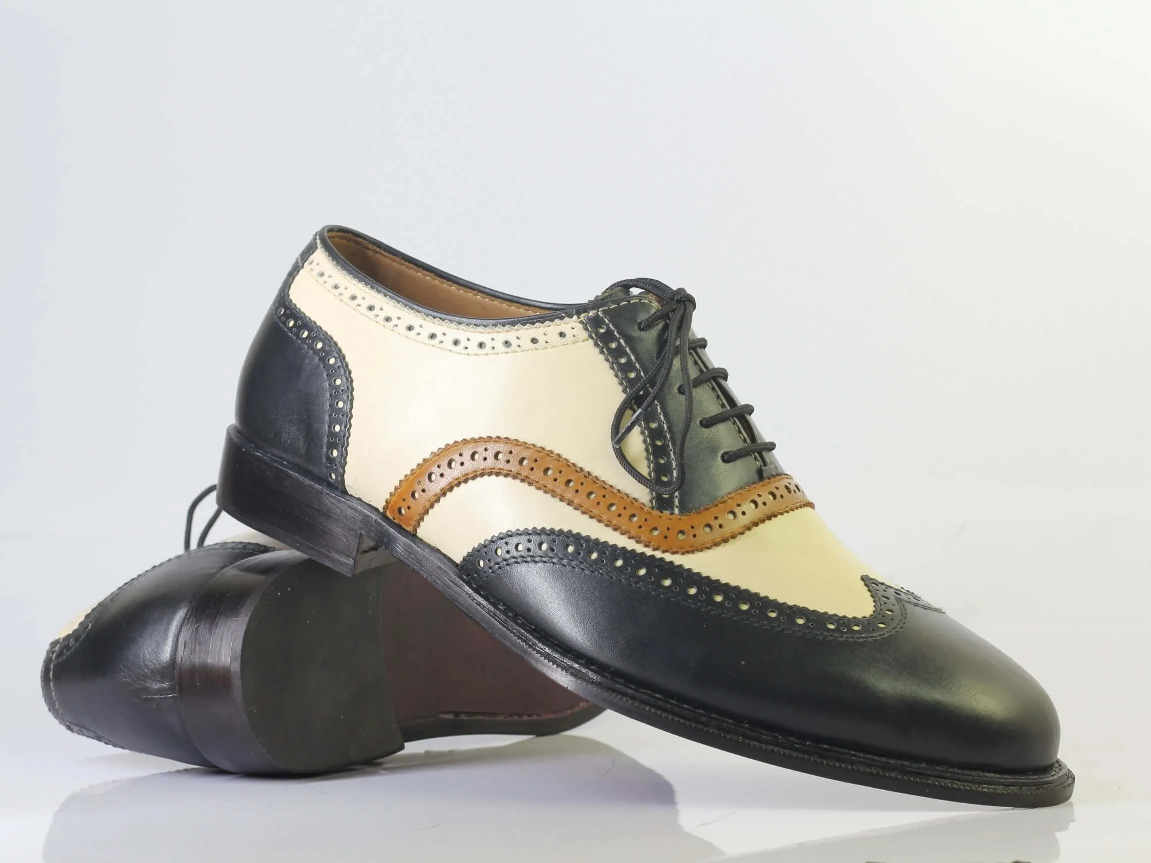 Bespoke Beige Black Wing Tip Lace Up Shoe for Men's