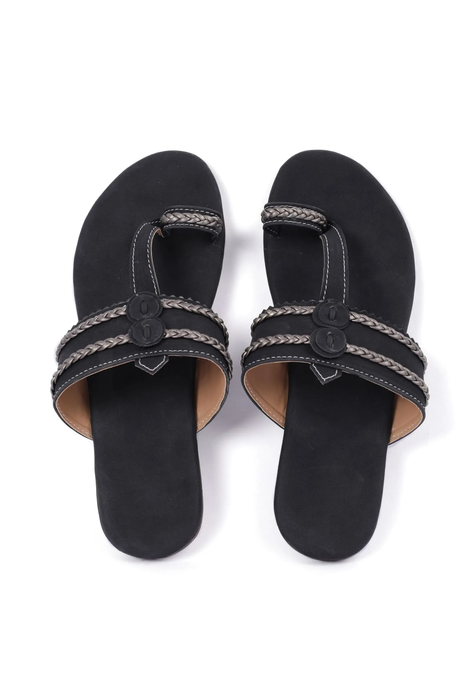 Black Cruelty free Leather inspired Kolhapuri with silver Braidings