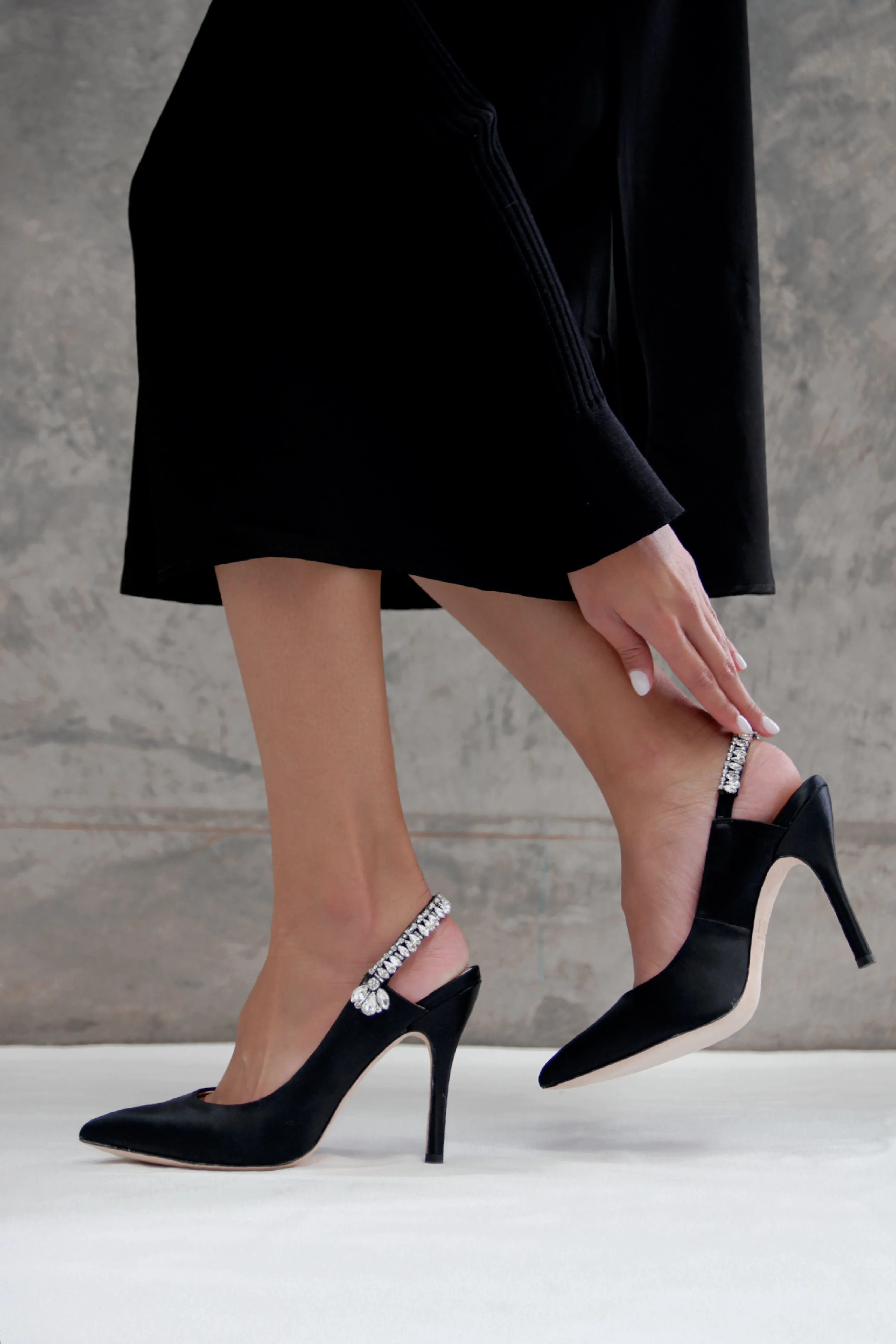 Bonnie - Black Crystal Embellished Sling Back Evening Pump