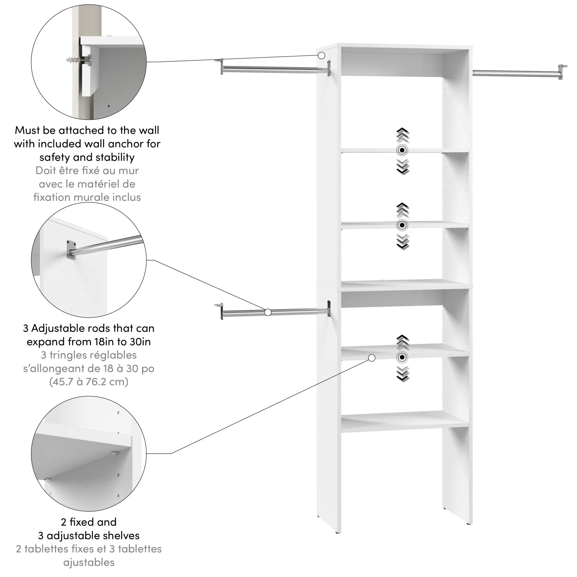 Carina 24W Closet Organizer with Clothing Rods in White