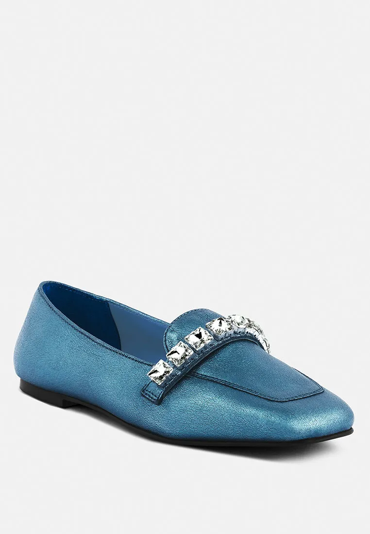 CHURROS Diamante Embellished Metallic Loafers in Blue