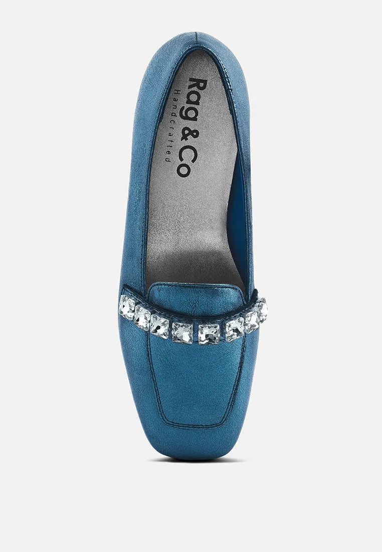 CHURROS Diamante Embellished Metallic Loafers in Blue