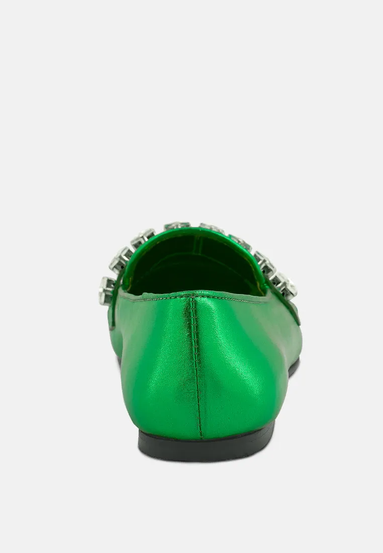 CHURROS Diamante Embellished Metallic Loafers in Green