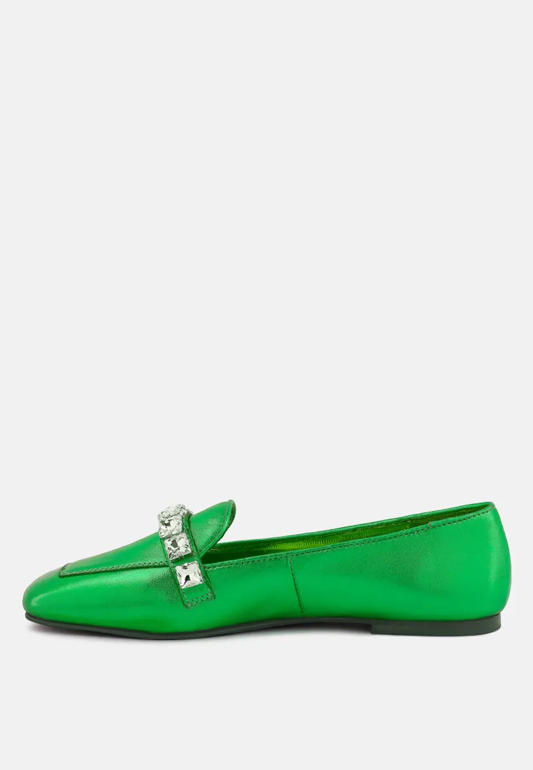 CHURROS Diamante Embellished Metallic Loafers in Green