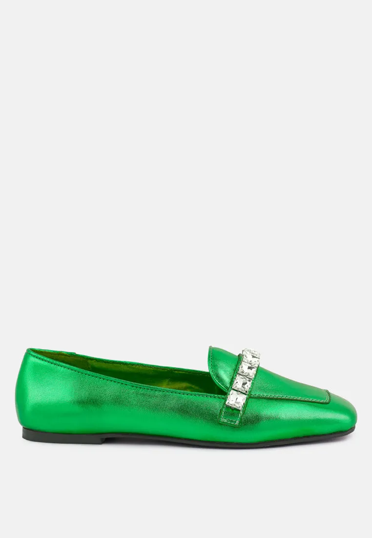 CHURROS Diamante Embellished Metallic Loafers in Green