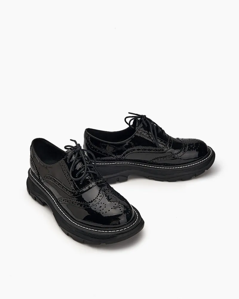 (Clean Up - US 8.5) Patent Leather Carved Platform Loafers