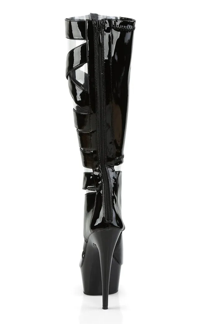 DELIGHT-600-49 Black Patent Strappy Knee High Boots