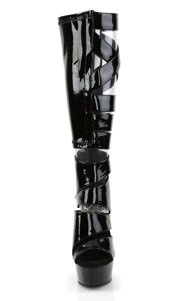 DELIGHT-600-49 Black Patent Strappy Knee High Boots