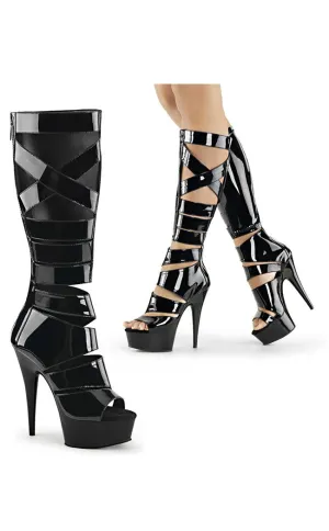 DELIGHT-600-49 Black Patent Strappy Knee High Boots