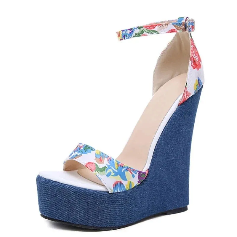 Denim Floral Print Peep Toe High Platform Wedge Sandals