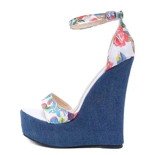 Denim Floral Print Peep Toe High Platform Wedge Sandals