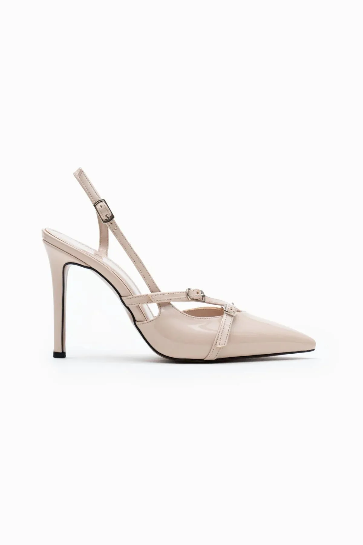 Elegance beige patent leather belt detailed wrist heeled shoes