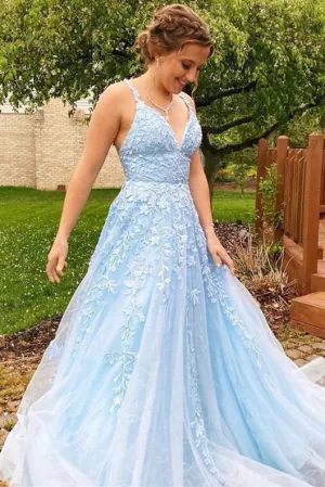 Elegant A-line Long Baby Blue Straps V-Neck Lace Prom Dresses