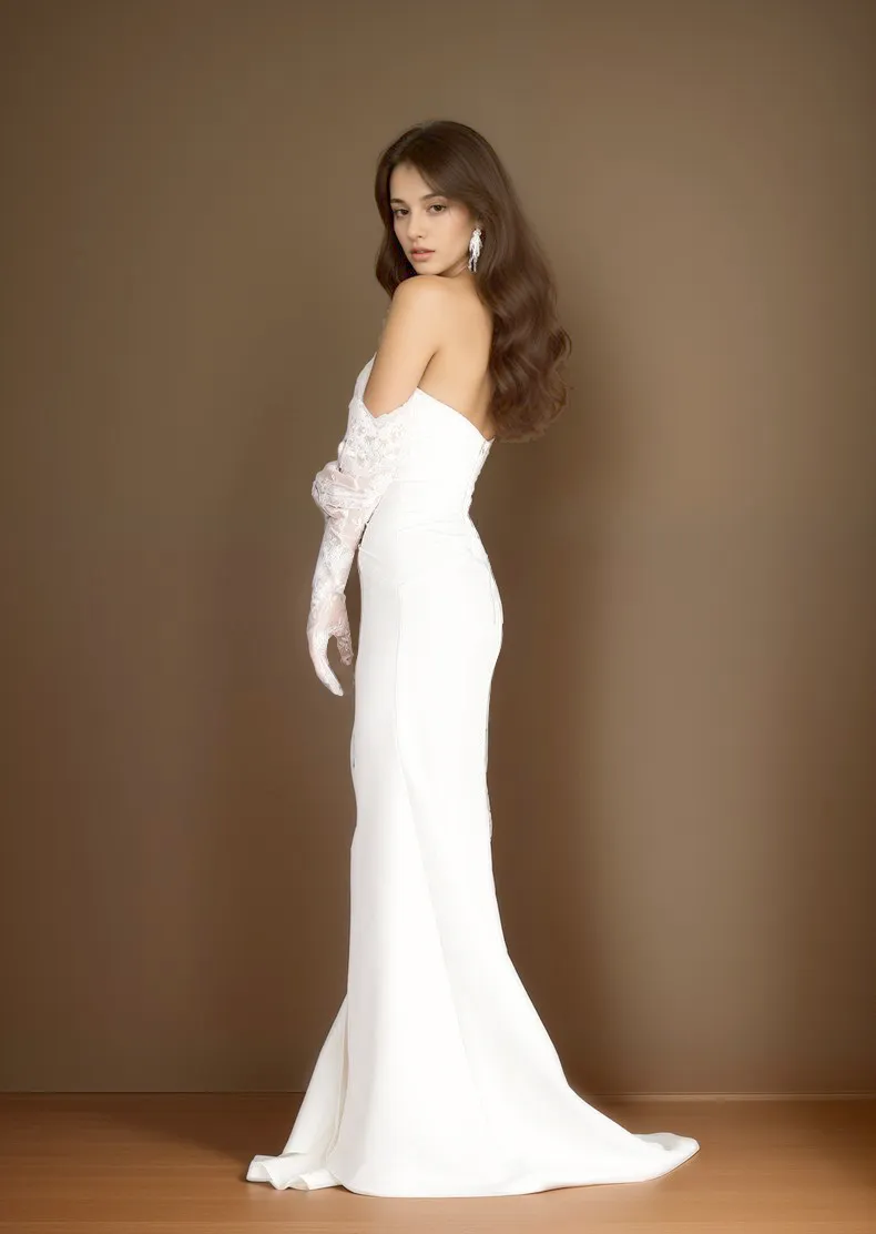 Elegant strapless front button design fit and flare middle slit simple silky satin wedding dress