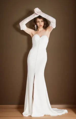 Elegant strapless front button design fit and flare middle slit simple silky satin wedding dress