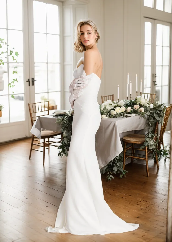 Elegant strapless front button design fit and flare middle slit simple silky satin wedding dress