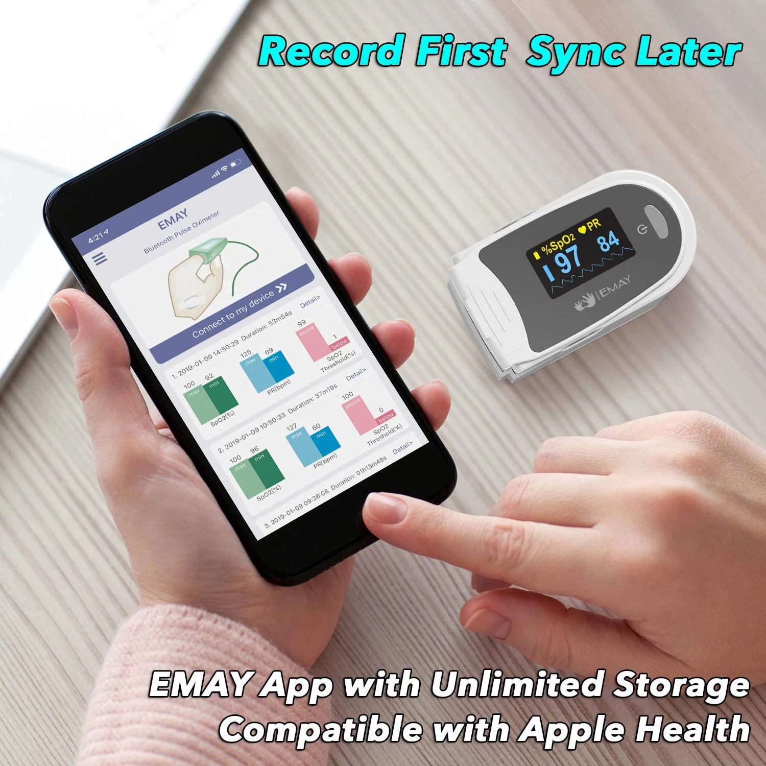 EMAY Sleep Oxygen Monitor with App for iPhone & Android | Track Overnight & Continuous Blood Oxygen Saturation Level & Heart Rate with Professional Report | Memory Stores Data Up to 40 Hours