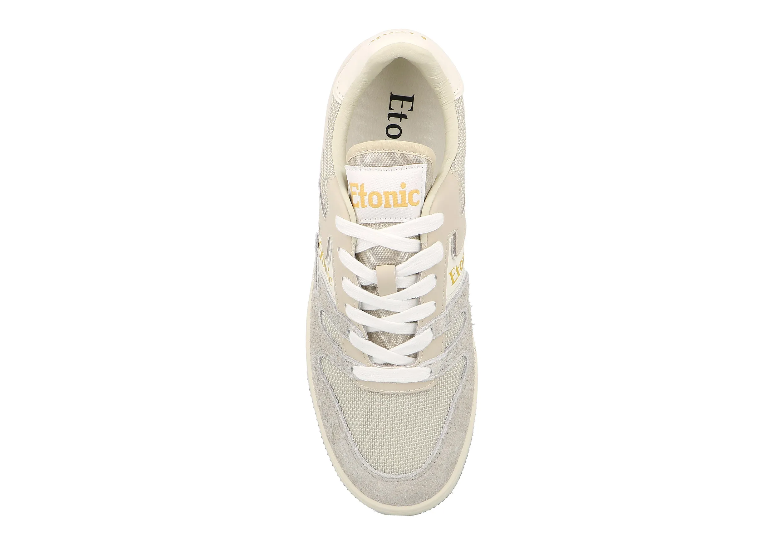 Etonic B481 sneakers in beige mesh fabric, grey furry suede with multi-layer off white leather inserts, white midsole and light honey bottom outsole.