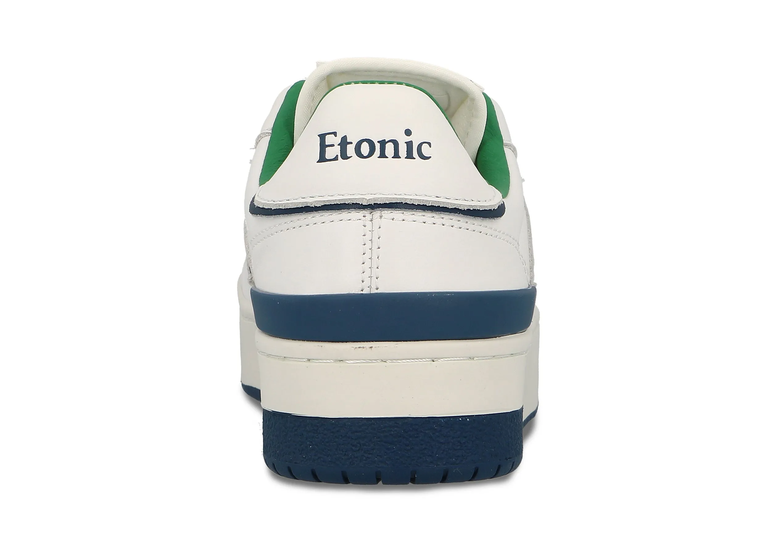 Etonic B481 sneakers in white leather with navy blue details, green lining and white midsole with navy blue bottom outsole.