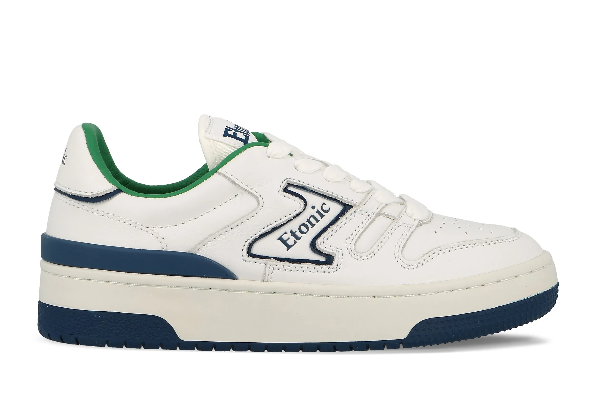 Etonic B481 sneakers in white leather with navy blue details, green lining and white midsole with navy blue bottom outsole.