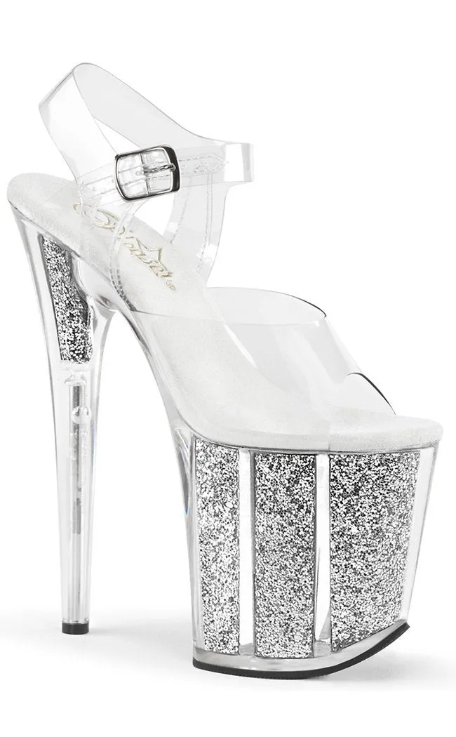 FLAMINGO-808G Clear & Silver Glitter Platform Heels