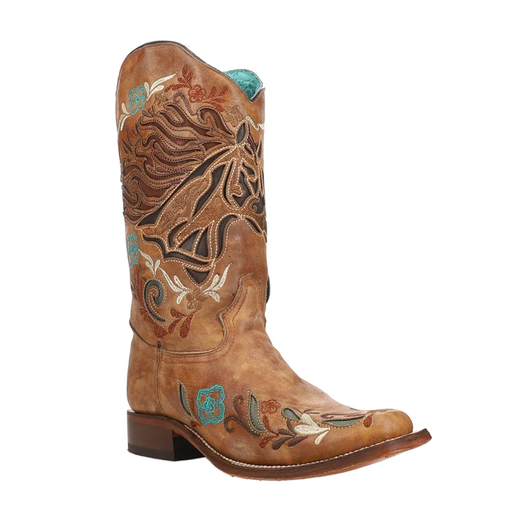 Floral Inlay Embroidery Iridescent Square Toe Cowboy Boots.