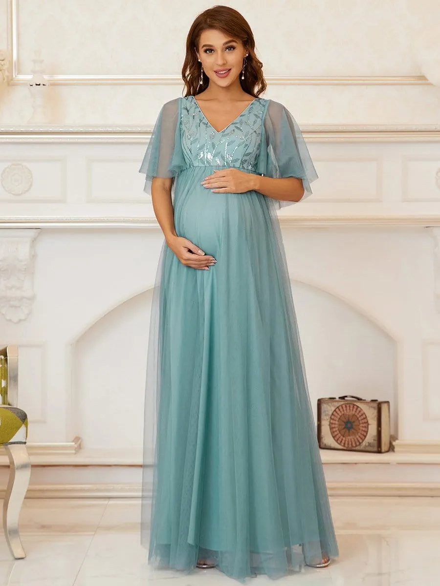 Flutter Sleeve Deep V-Neck Sequin Maternity Dress