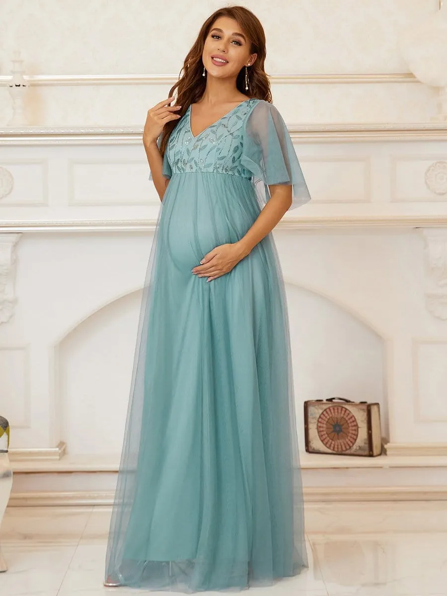 Flutter Sleeve Deep V-Neck Sequin Maternity Dress