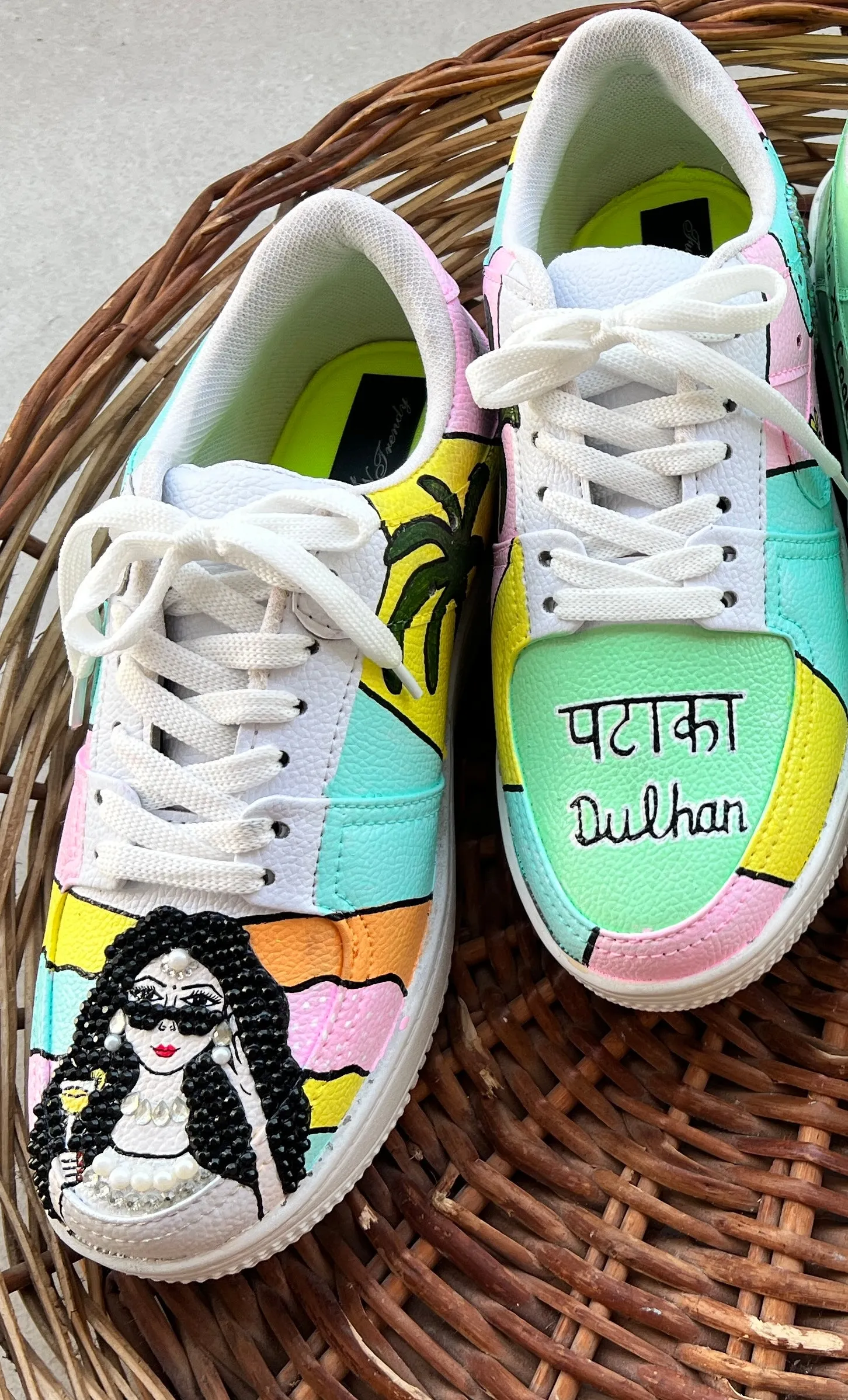 Funky N Trendy hand painted with water resistant colors, rhinestone work bridal sneakers/ bridesmaid sneaker / colorful sneakers/ carnival sneakers / pastel sneakers/ quirky sneakers