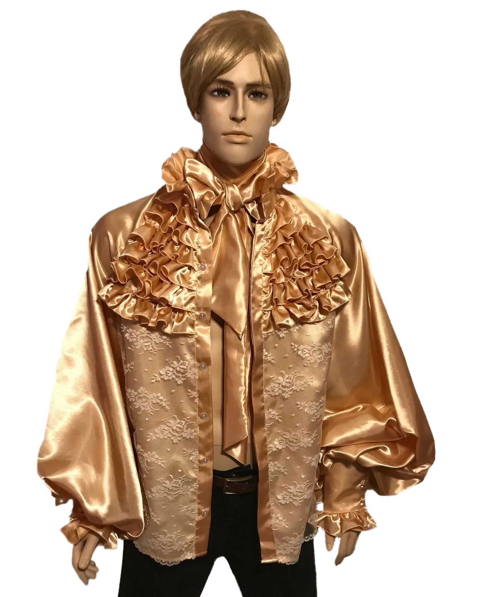 Gold ruffled high-neck satin-lace shirt in men's size S M L XL 2XL 3XL