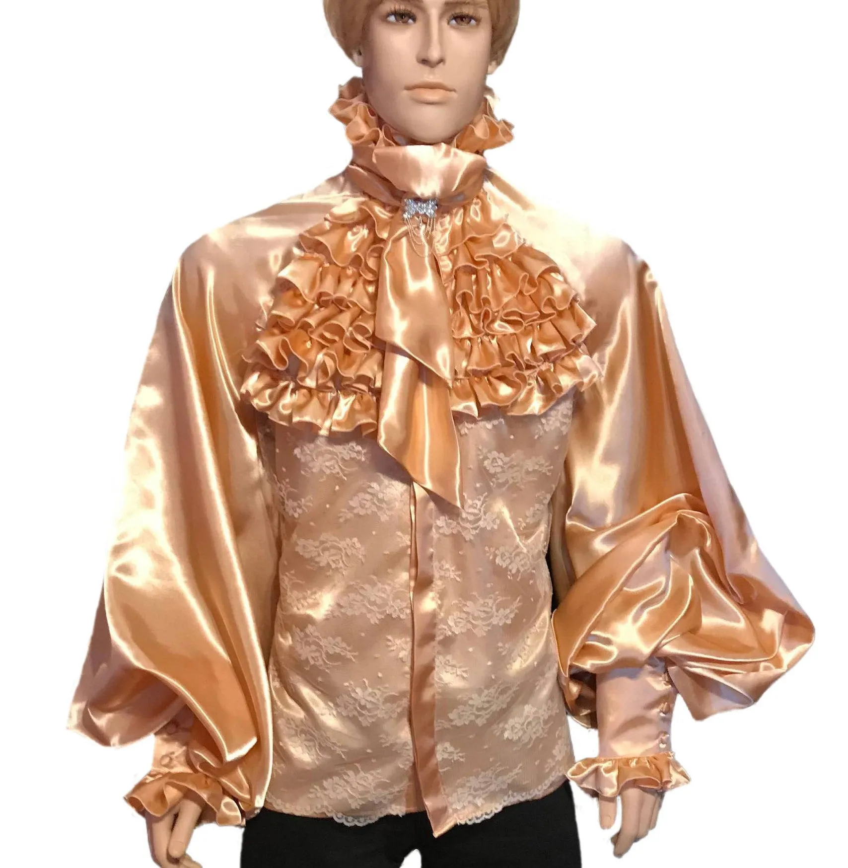 Gold ruffled high-neck satin-lace shirt in men's size S M L XL 2XL 3XL