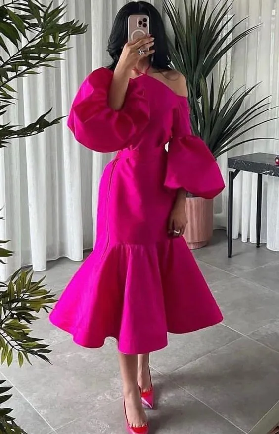 Hot Pink Halter Prom Puff Sleeve Midi Party Dresses Wed Dress Formal Gown