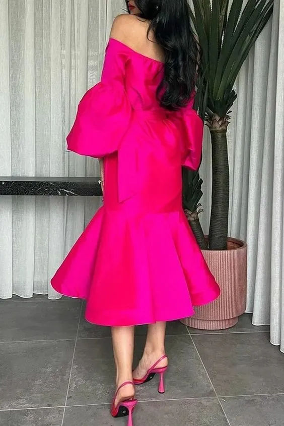 Hot Pink Halter Prom Puff Sleeve Midi Party Dresses Wed Dress Formal Gown