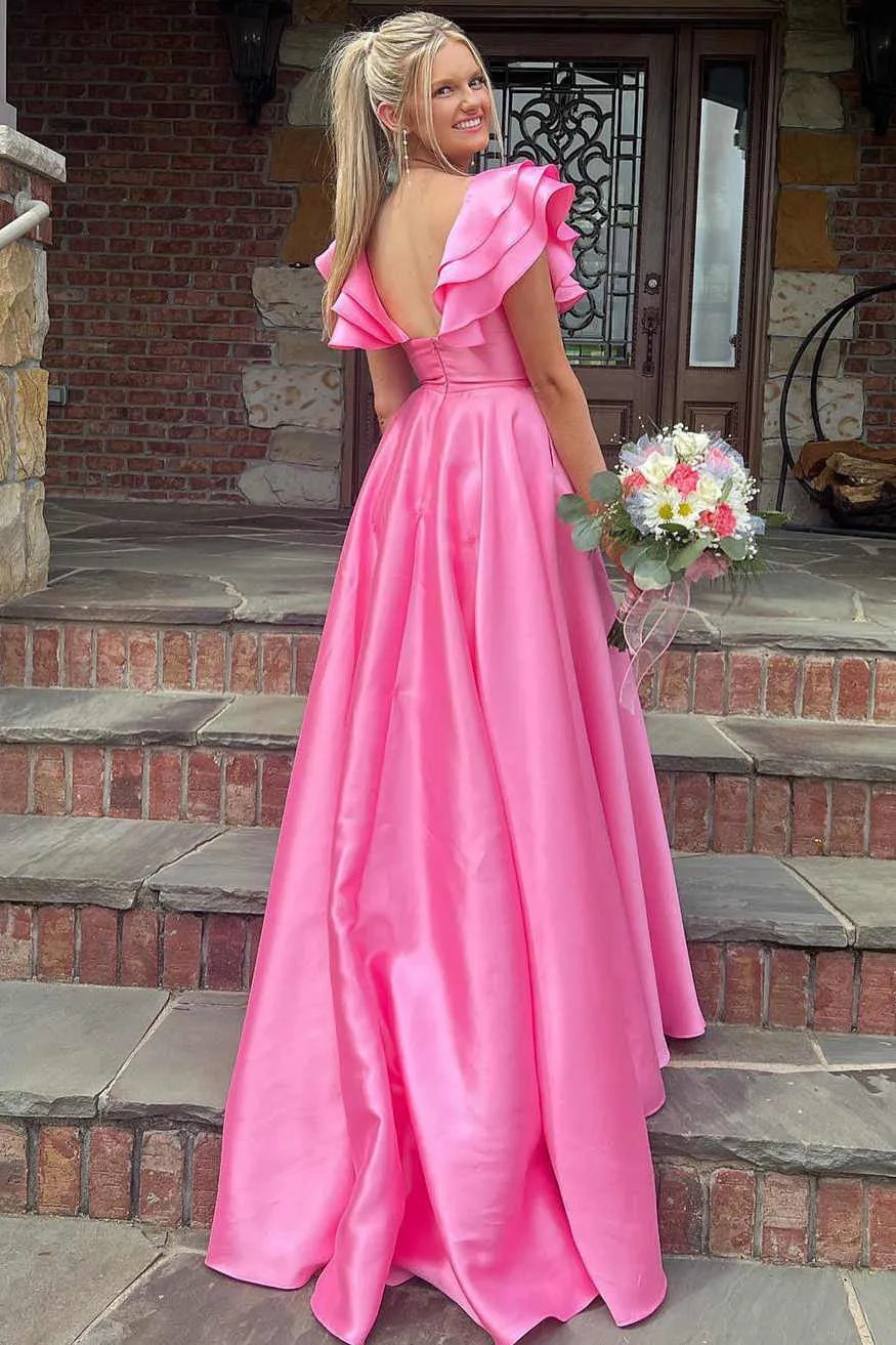 Hot Pink V-Neck Ruffle A-Line Satin Long Prom Dress