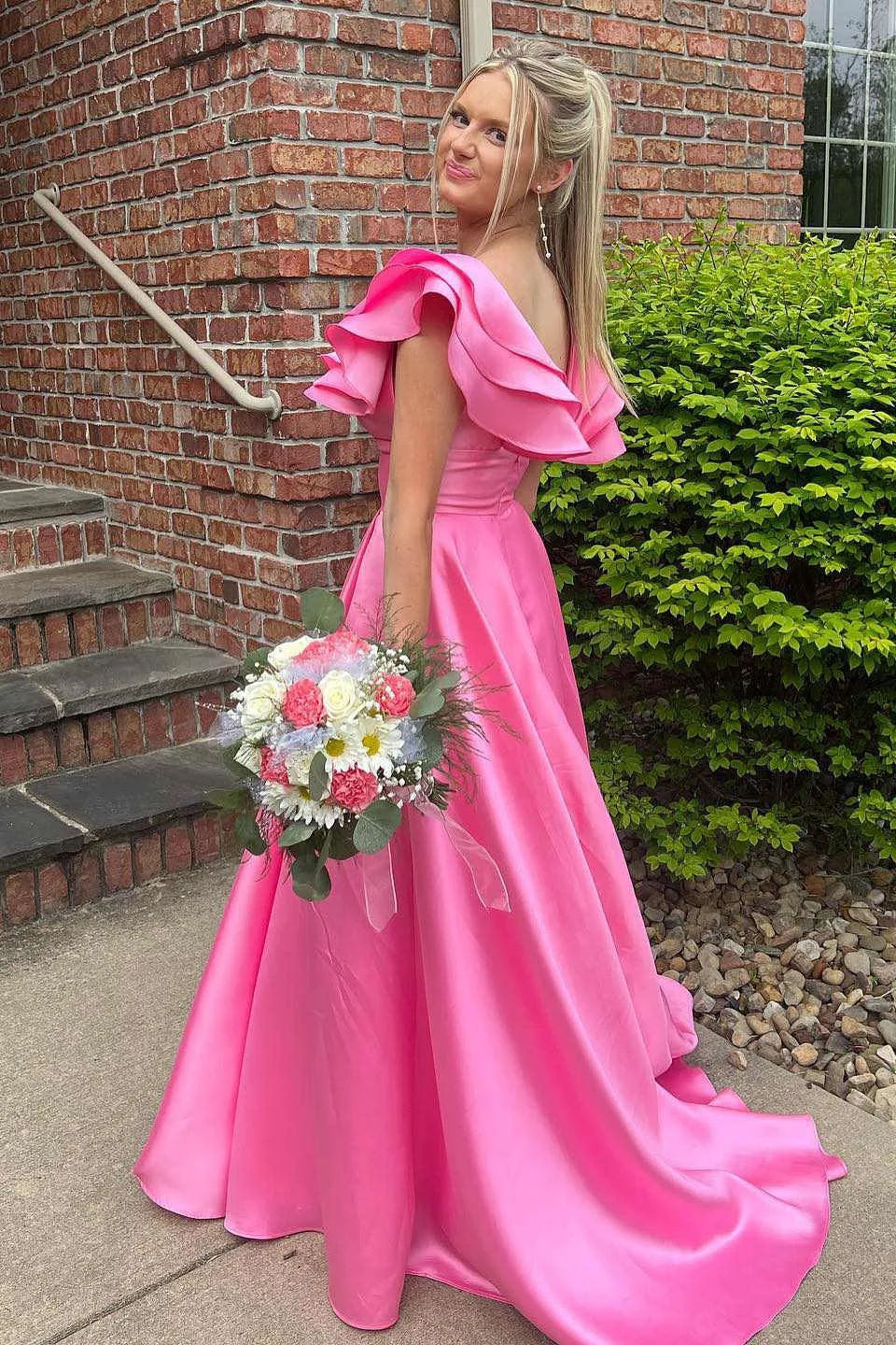 Hot Pink V-Neck Ruffle A-Line Satin Long Prom Dress