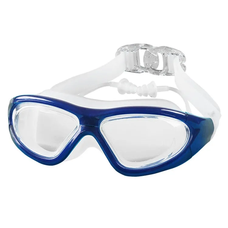 J8150 Eye Protection Flat Light Adult waterproof Anti-fog Big Frame Swimming Goggles with Earplugs(Transparent Blue)