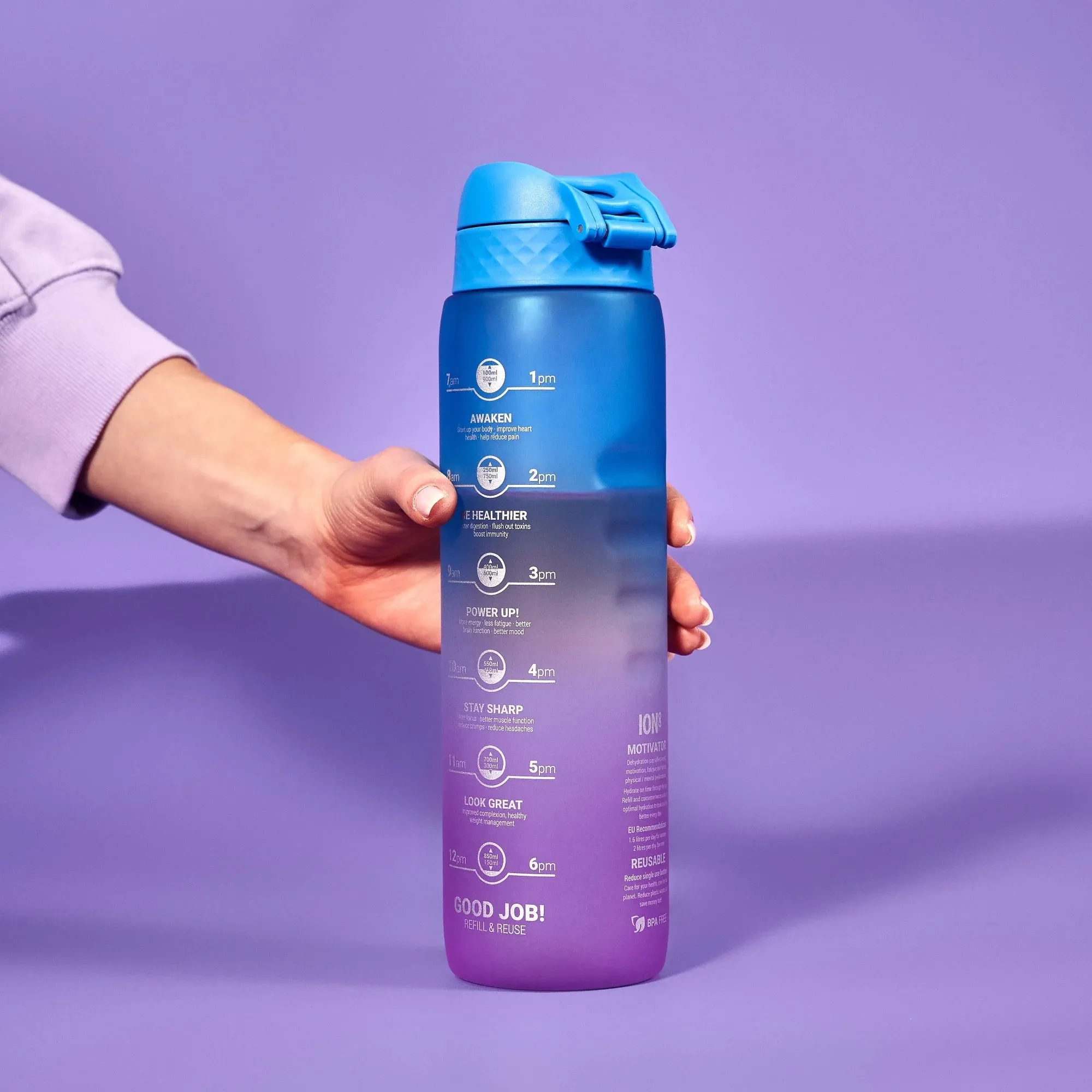 Leak Proof Water Bottle with Times to Drink, Recyclon, Blue & Pink, 1 Litre