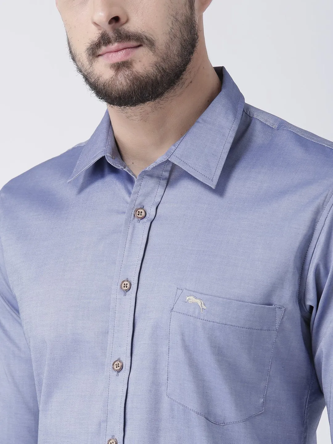 Men Blue Solid Cotton Slim Fit Shirt