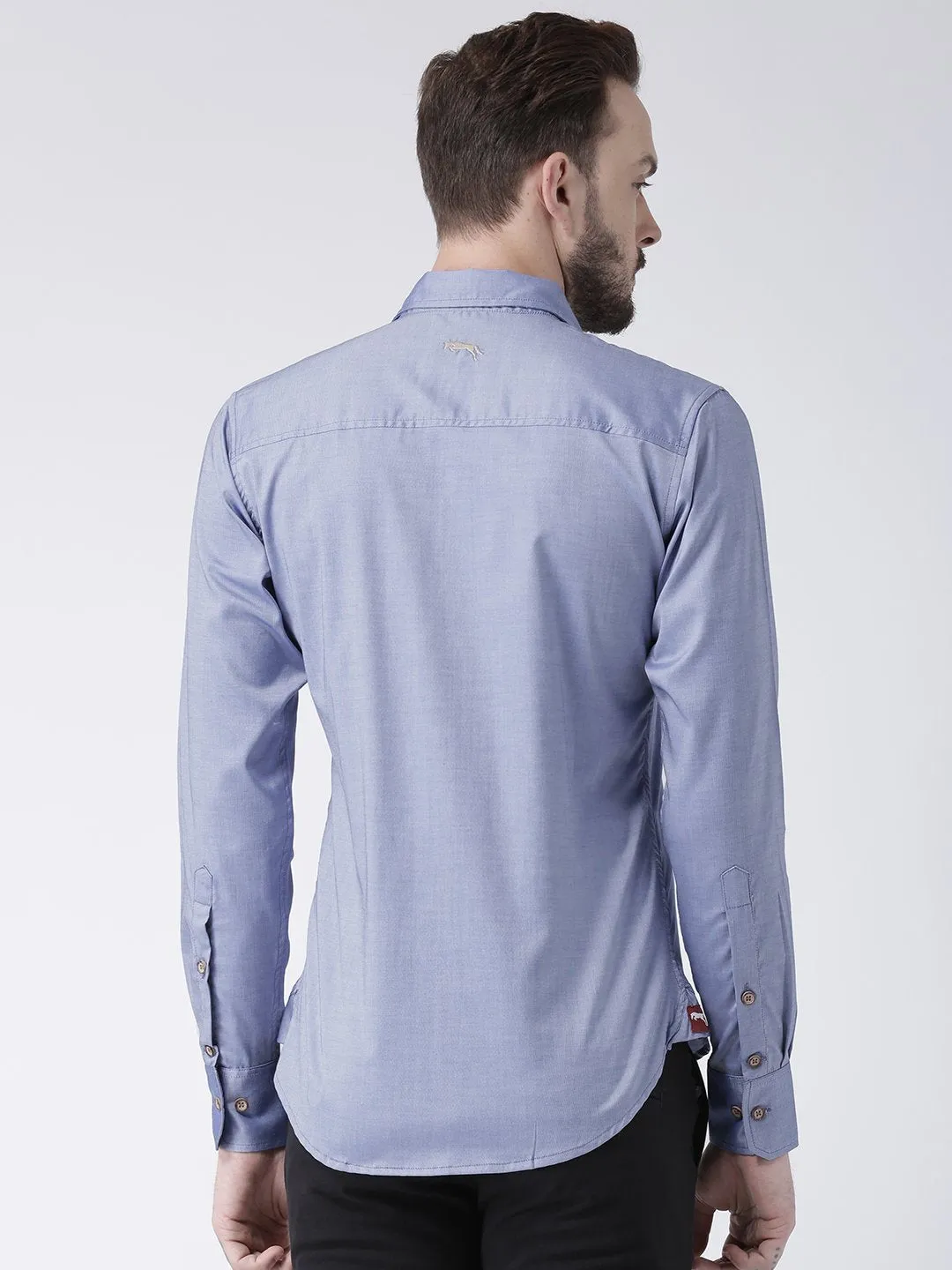 Men Blue Solid Cotton Slim Fit Shirt